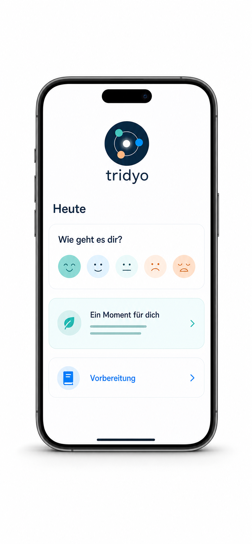 tridyo auf einem iPhone: Tagesübersicht mit ruhiger Reflexionsfrage