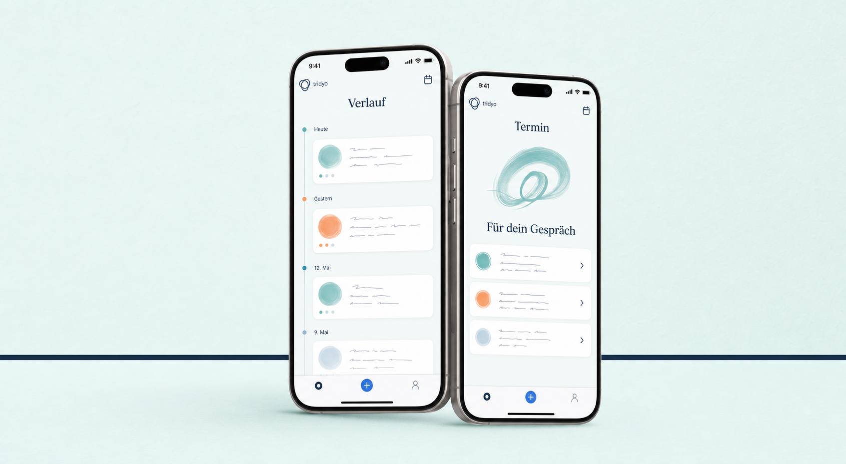 Zwei tridyo-Ansichten auf iPhones: persönlicher Verlauf und Vorbereitung für ein Gespräch